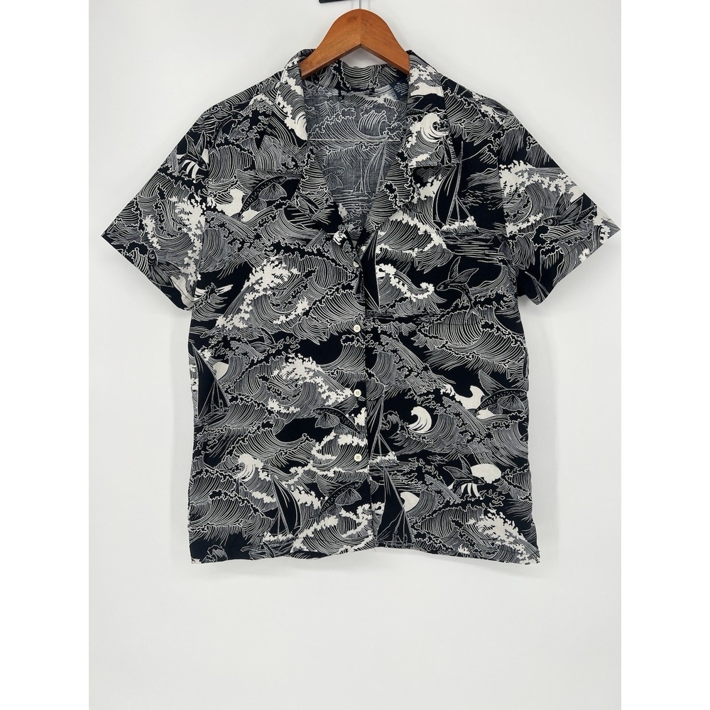 Honolii Aloha Womens Cotton Hawaiian Shirt Nalu Black Size XL